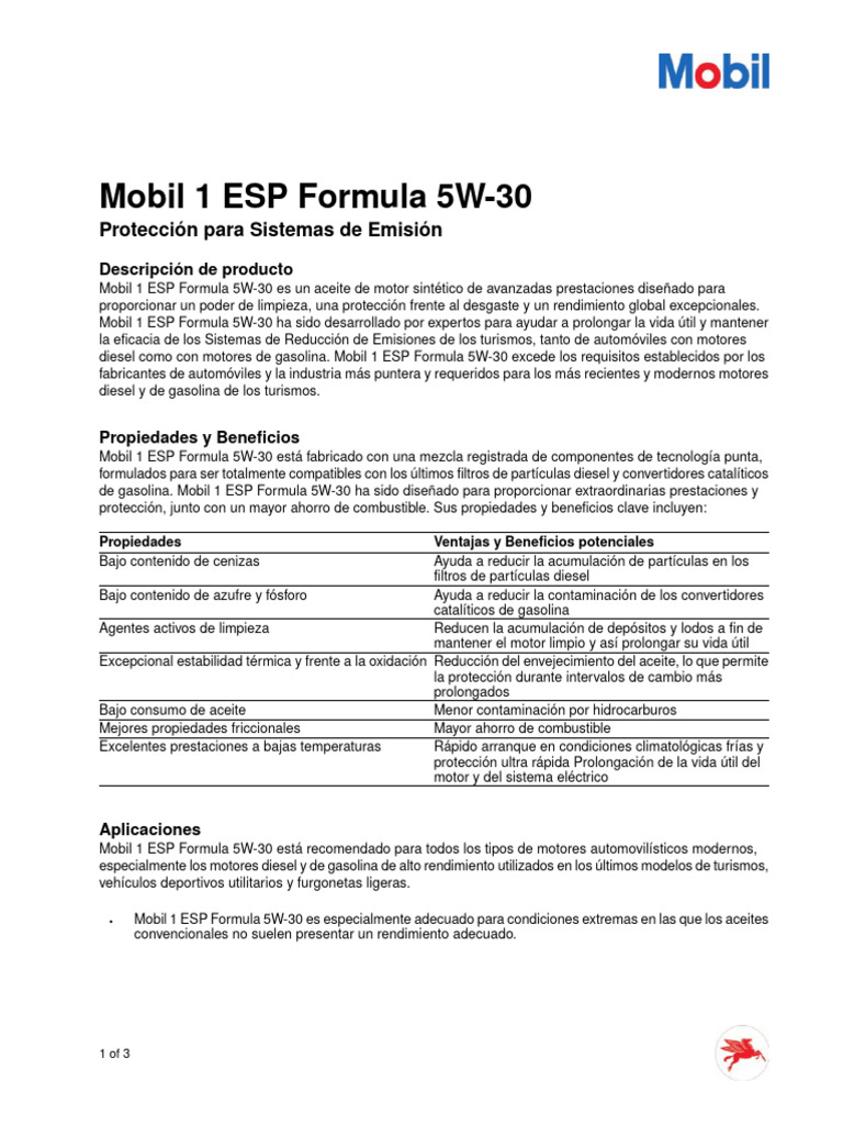 Mobil 1 5W30 ESP. FORMULA | PDF | Combustible diesel | Gasolina