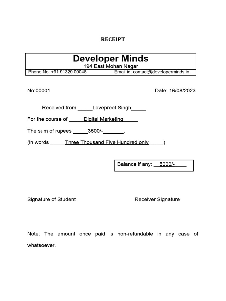 Coaching Classes Fee Receipt Format 3 PDF