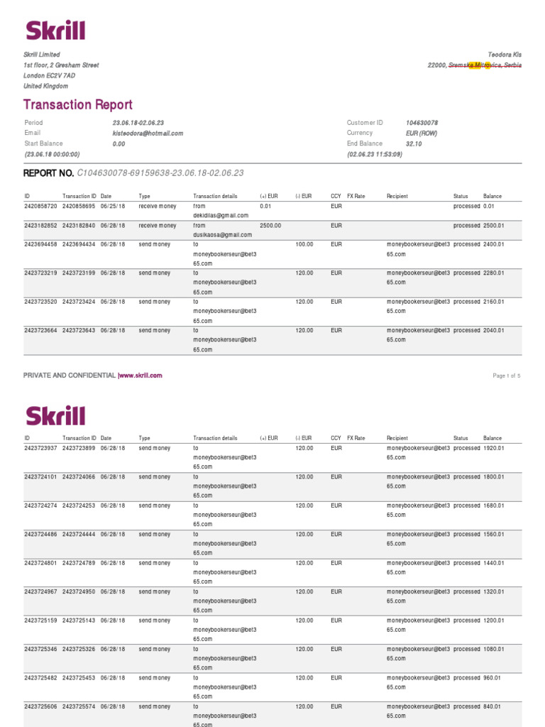 Skrill Transaction Report Summary | PDF | Euro | Money