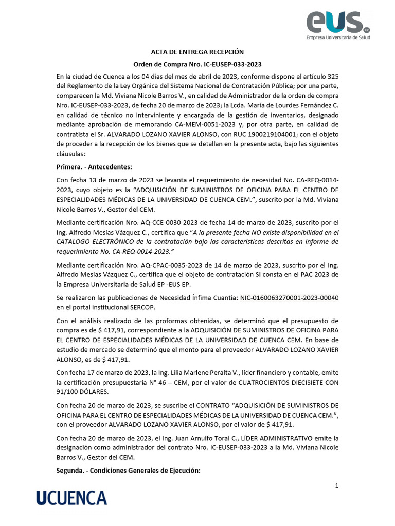ACTA DE ENTREGA RECEPCIÓN Orden de Compra Nro. IC-EUSEP-033-2023 | PDF ...