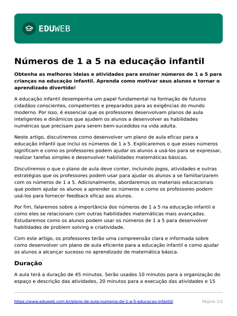 Plano de Aula Numeros de 1 A 5 Educacao Infantil | PDF | Aprendizado ...