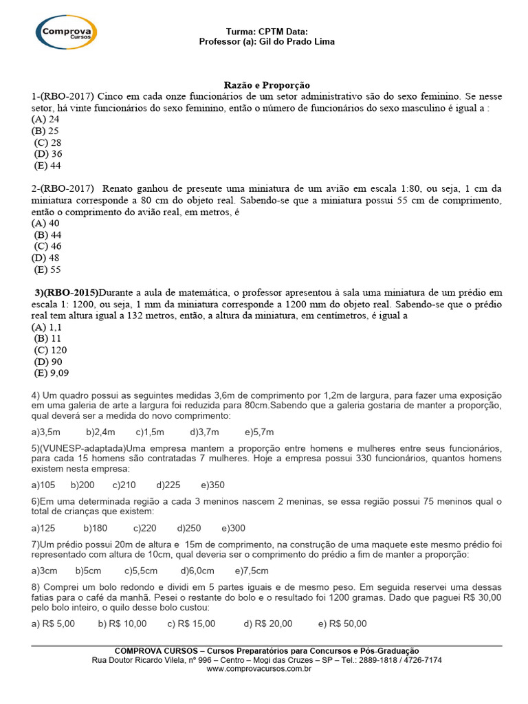 Exercícios Resolvidos de Razão e Proporção | PDF | Métodos e Materiais ...