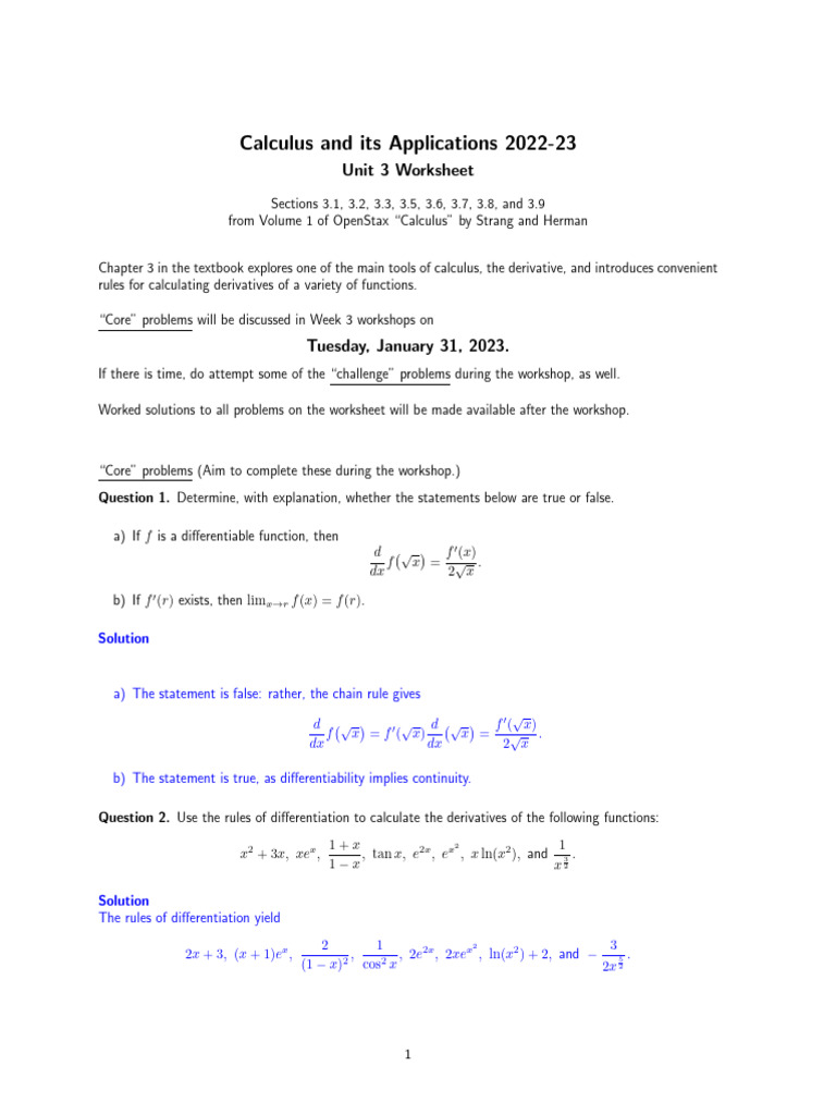 Calculus Unit 3 Worksheet Answer Key | PDF | Derivative | Mathematical ...
