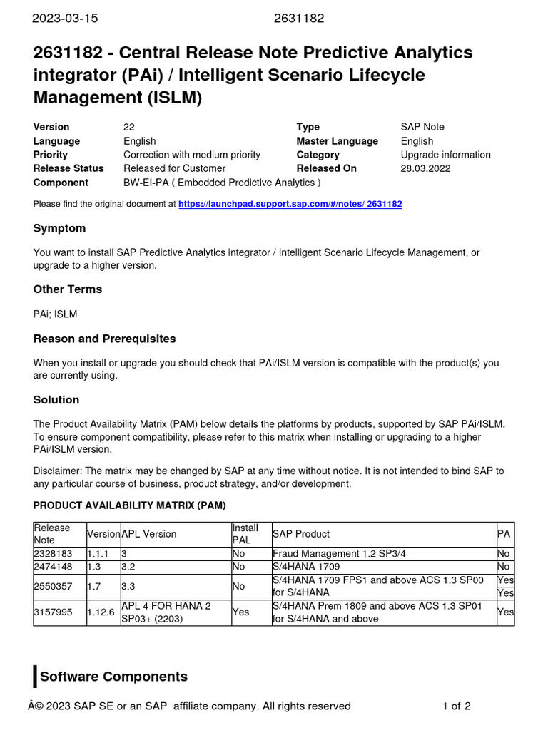 Central Release Note Predictive Analytics Integrator (Pai) / Intelligent Scenario Lifecycle