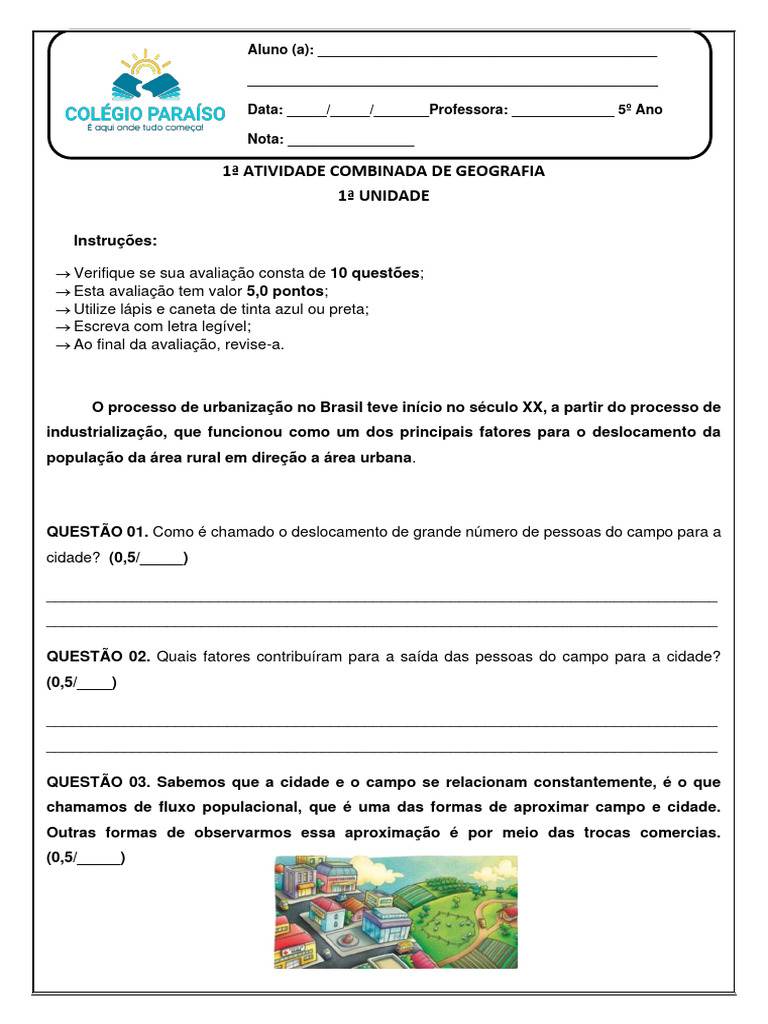 Atividades de Geografia: Urbanização 5º Ano | PDF | Rio de Janeiro ...