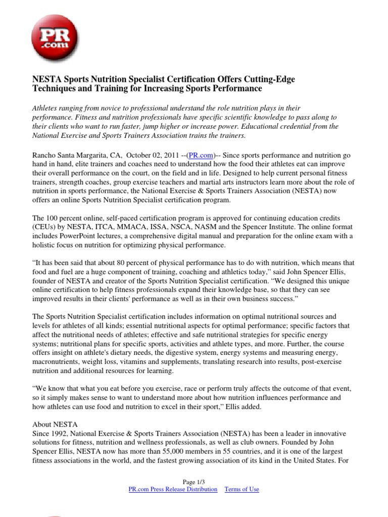 Nesta Sports Nutrition Specialist Certification Offers Cutting