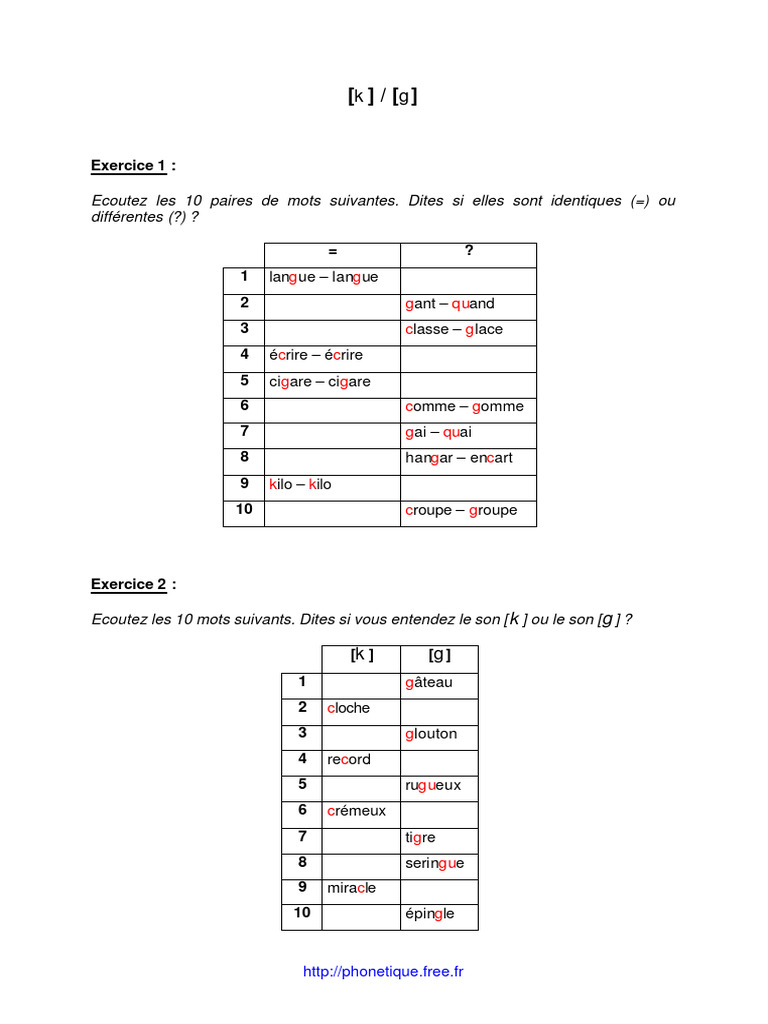 Exercices sur le son K et G | PDF | Arts du langage et discipline ...