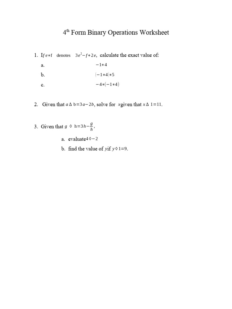 4th Form Binary Operations Worksheet | PDF