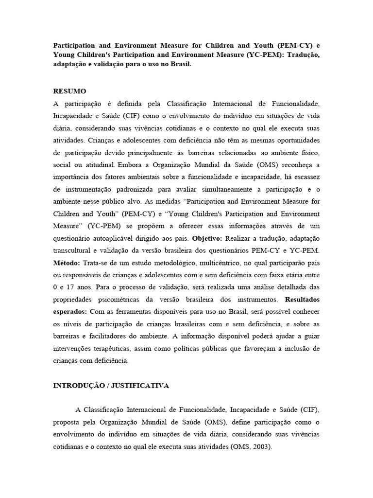 Validação do PEM-CY no Brasil | PDF | Traduções | Deficiência