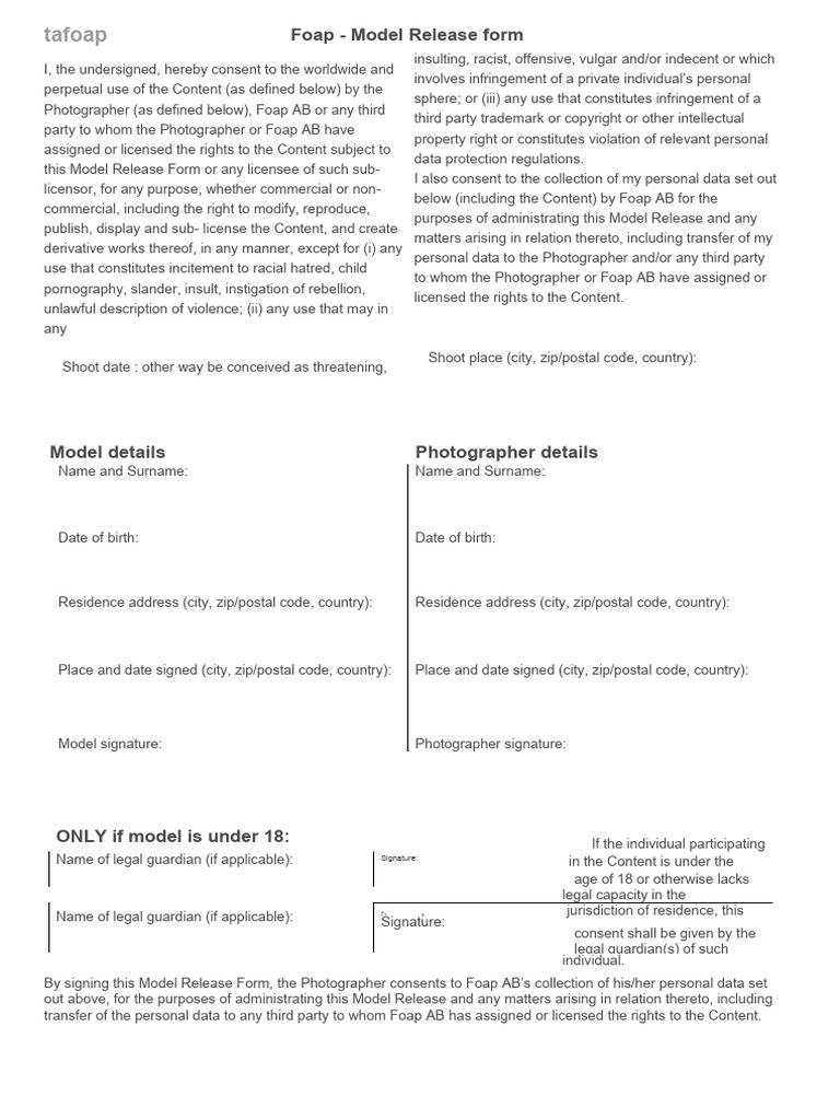 Foap Model Release Template PDF License Copyright Law