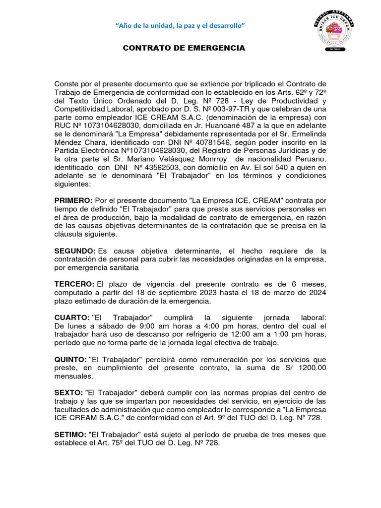 Contrato de Trabajo de Emergencia 2023 | PDF | Derecho laboral | Justicia