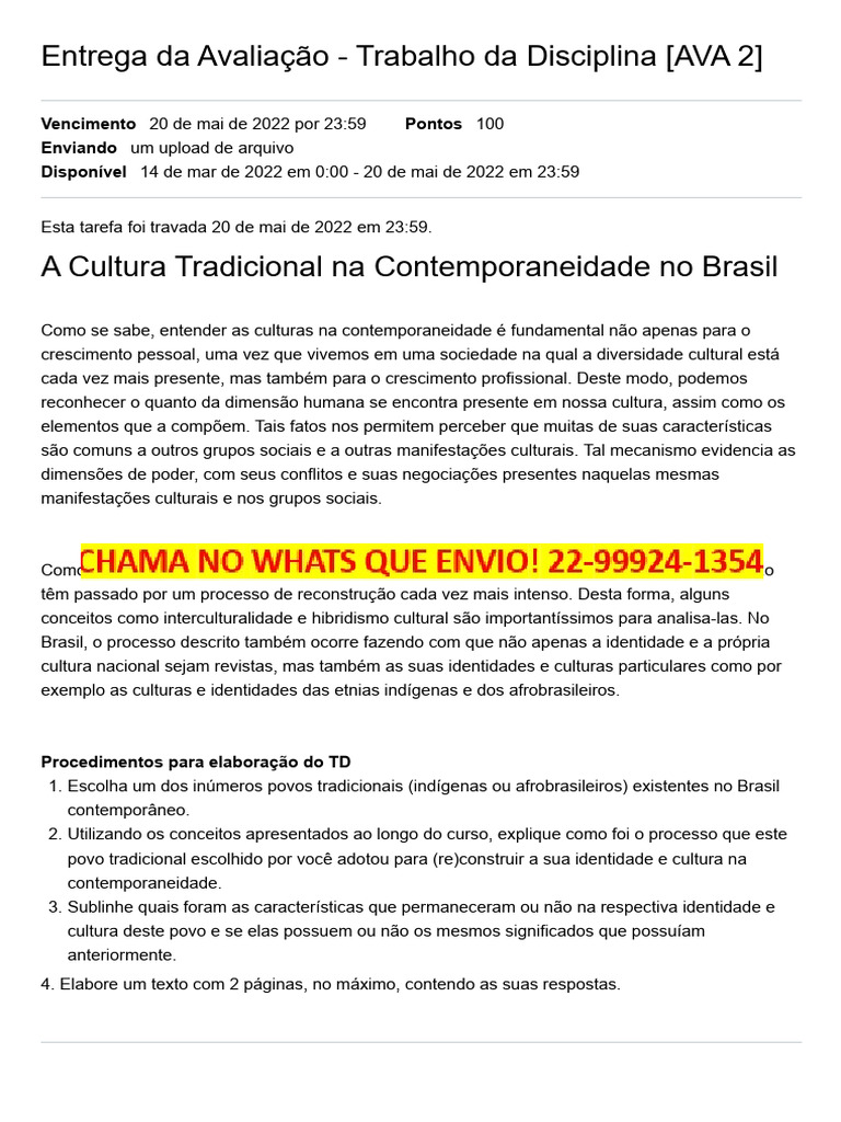 Entrega Da Avaliação - Trabalho Da Disciplina (AVA 2) FONOX | PDF ...