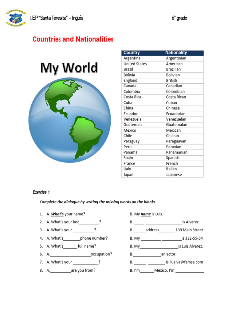 Ficha de Ingles Sexto Grado 18 de Setiembre | PDF | Ecuador | Bolivia