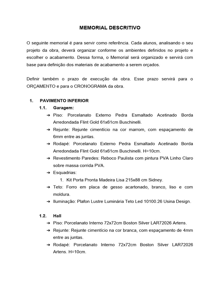 Memorial Descritivo de Acabamentos e Materiais | PDF | Drywall | Chuveiro