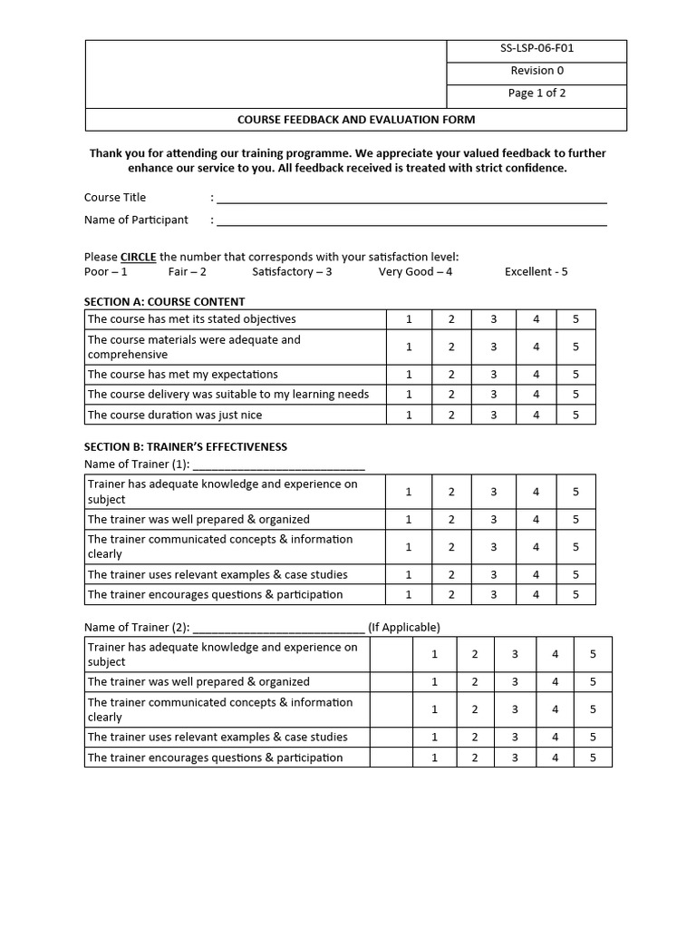 SS-LSP-06-F01 Course Feedback and Evaluation Form | PDF | Experience ...
