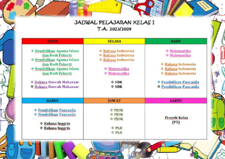 Jadwal Pelajaran Kelas 1 Ta. 2023-2024 | PDF