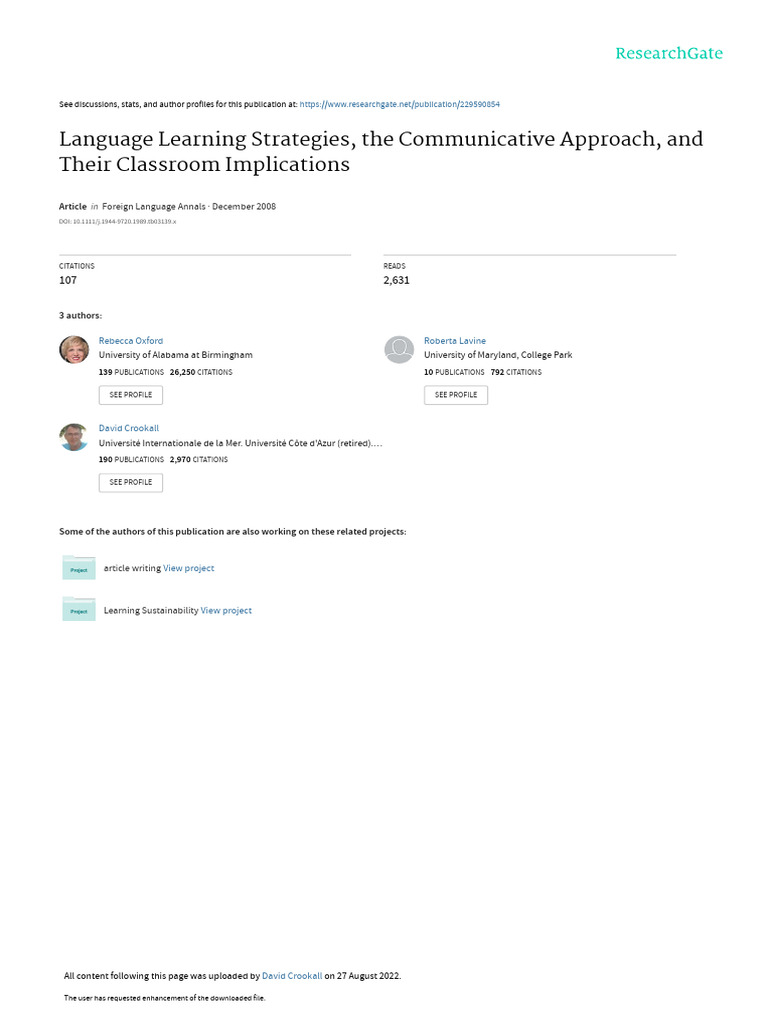 Language Learning Strategies The Communi | PDF | Metacognition | Learning