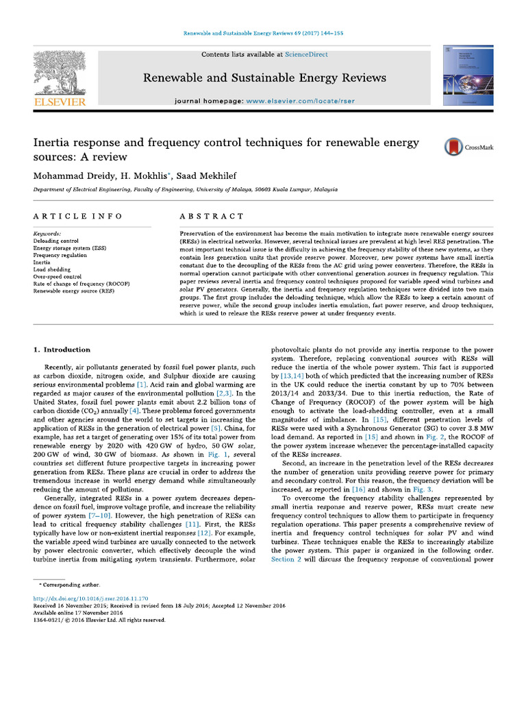 2017 - Review - Inertia Response and Frequency Control Techniques For ...
