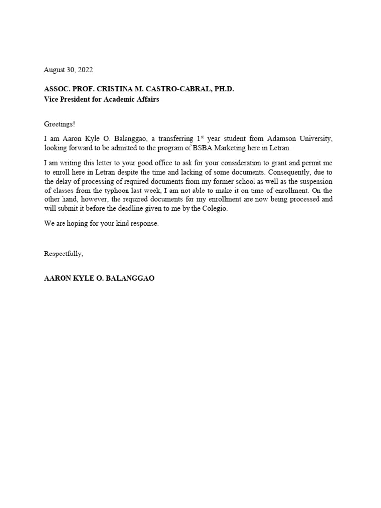 Letter of Request Enrollment PDF