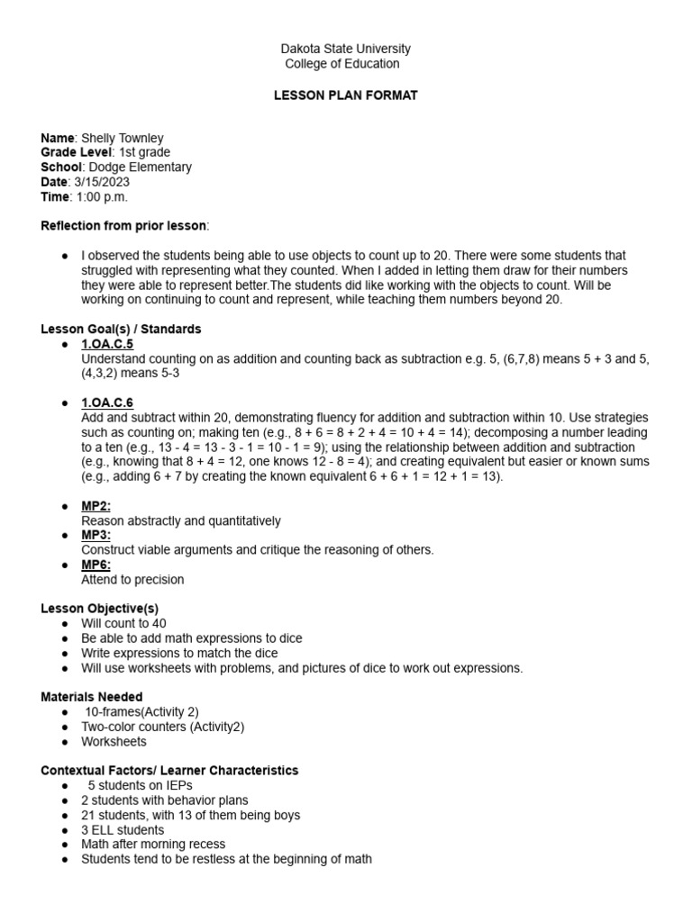K8 Math MethodsDsu Lesson Plan PDF Dice Cognitive Psychology