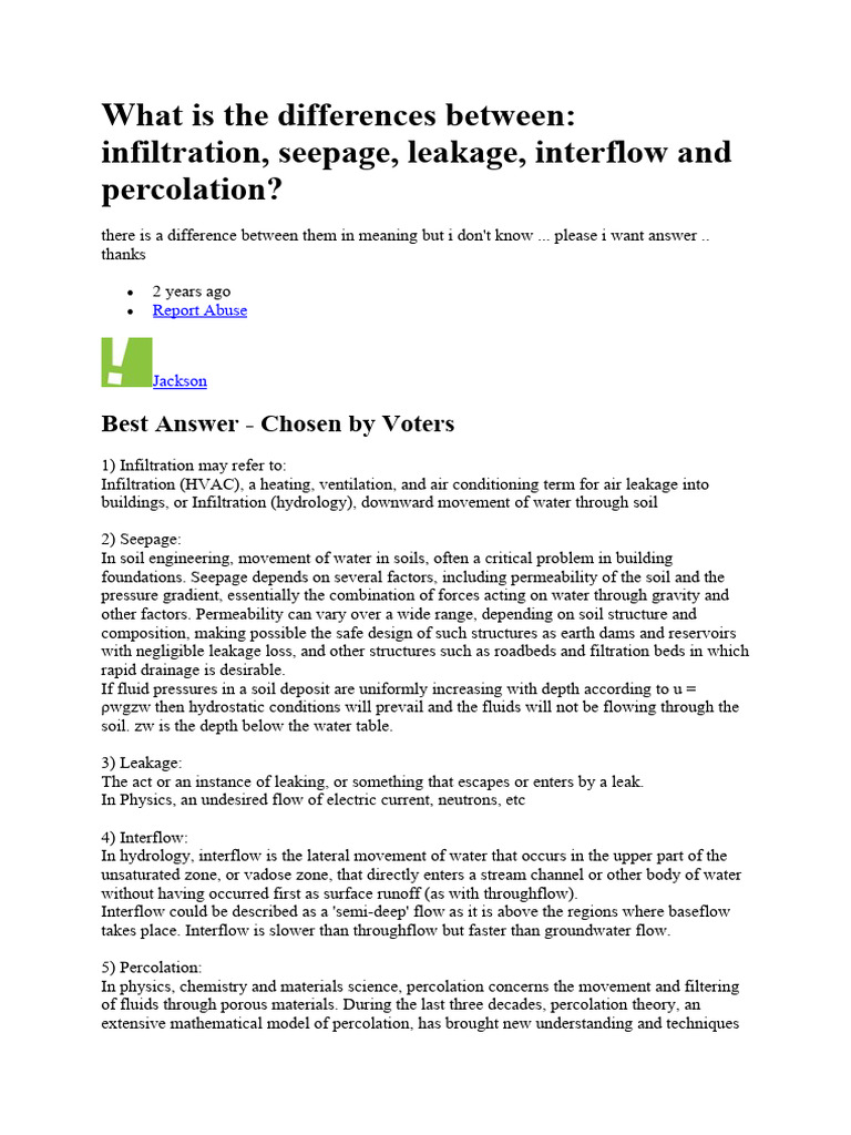 Infiltration, Percolation, and Seepage Explained | PDF | Social Science ...