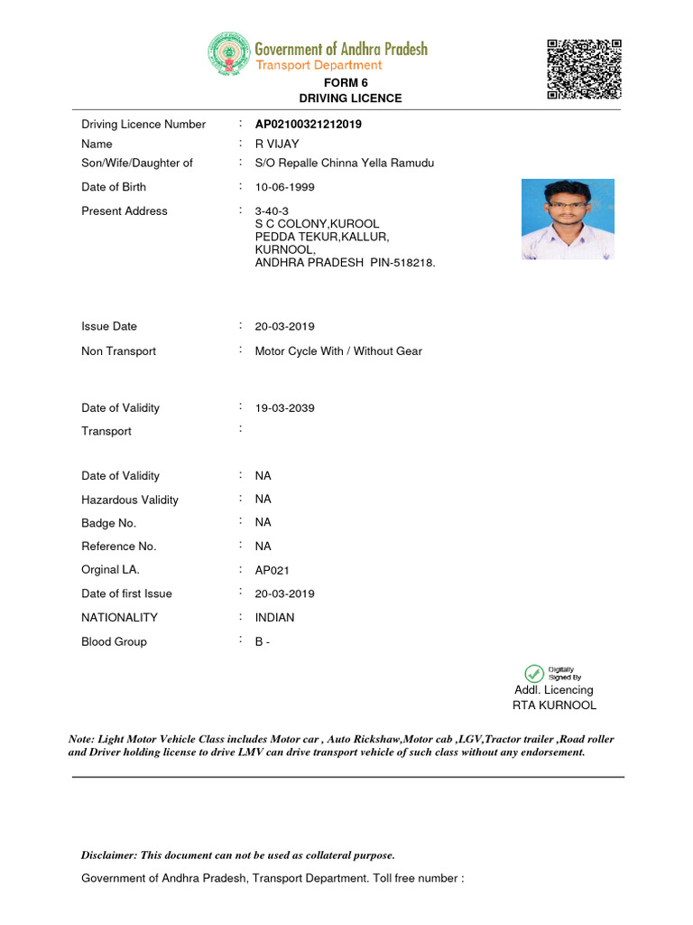 Andhra Pradesh Driving Licence Details | PDF