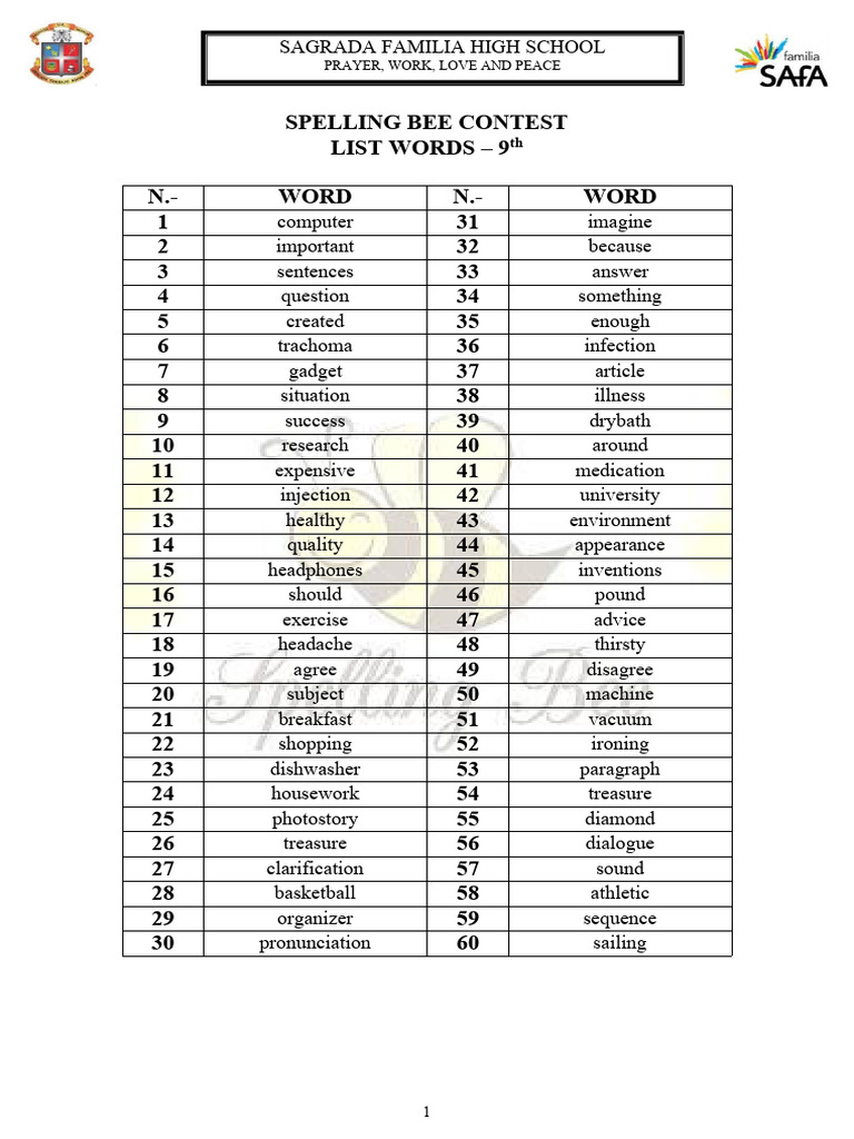 9 Spelling Bee Words PDF