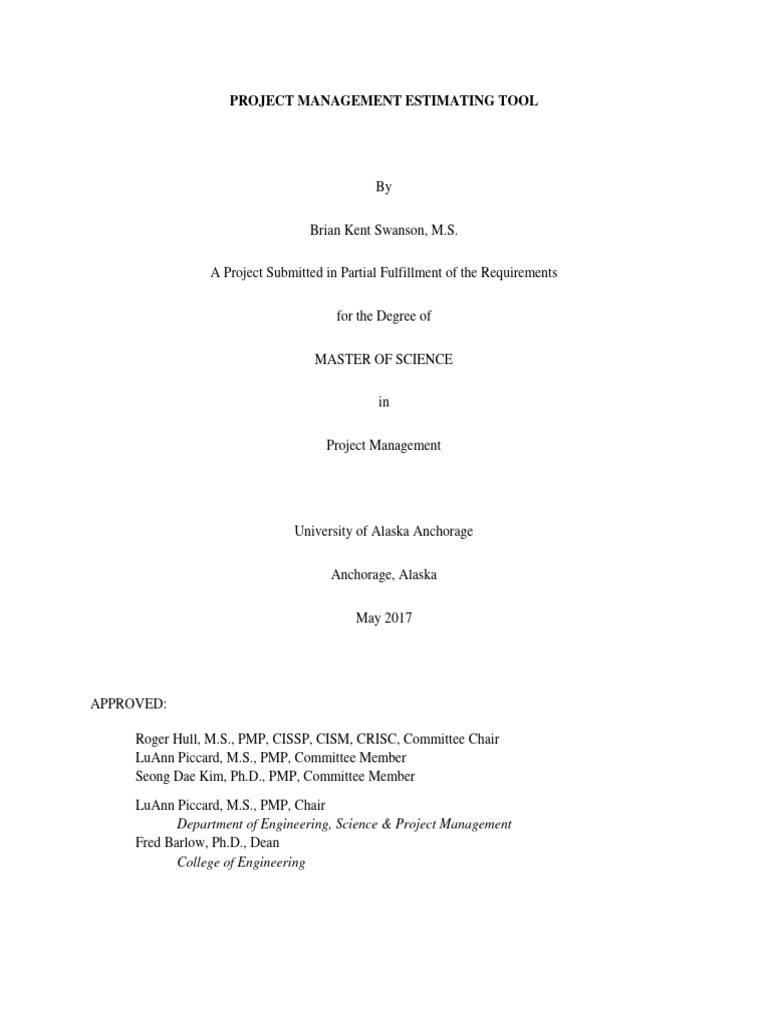 Project Management Estimating Tool by Brian Kent Swanson, Ms A Project ...