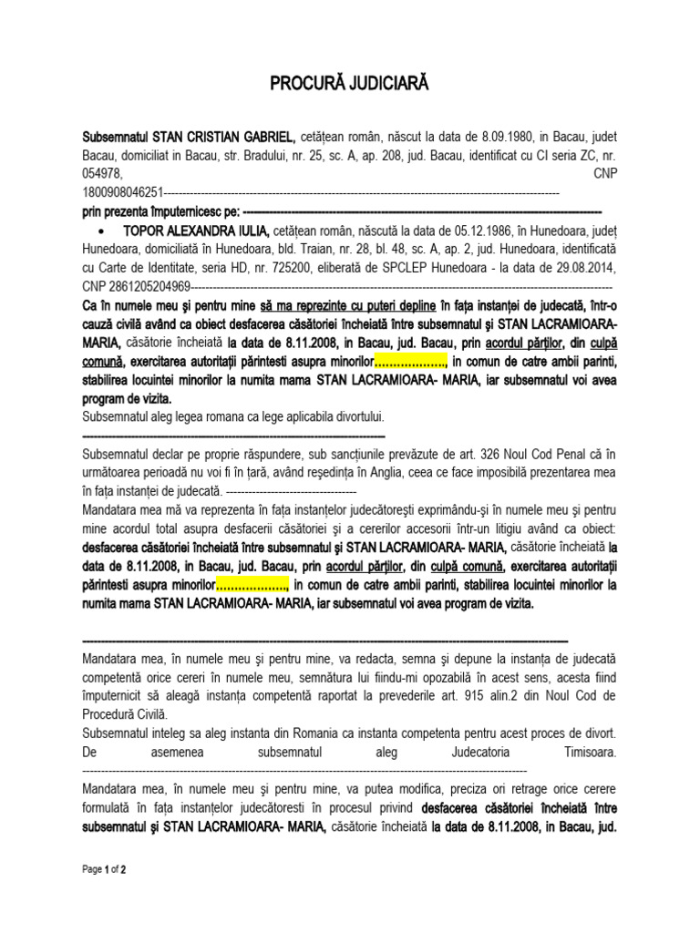Procura Judiciara Divort Stan | PDF