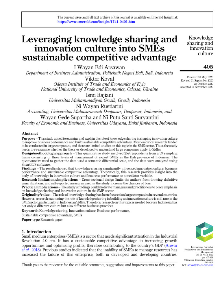 Knowledge Sharing in SMEs for Innovation | PDF | Competitive Advantage ...