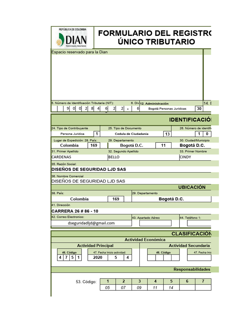 Formulario Del Registro Único Tributario: Espacio Reservado para La ...