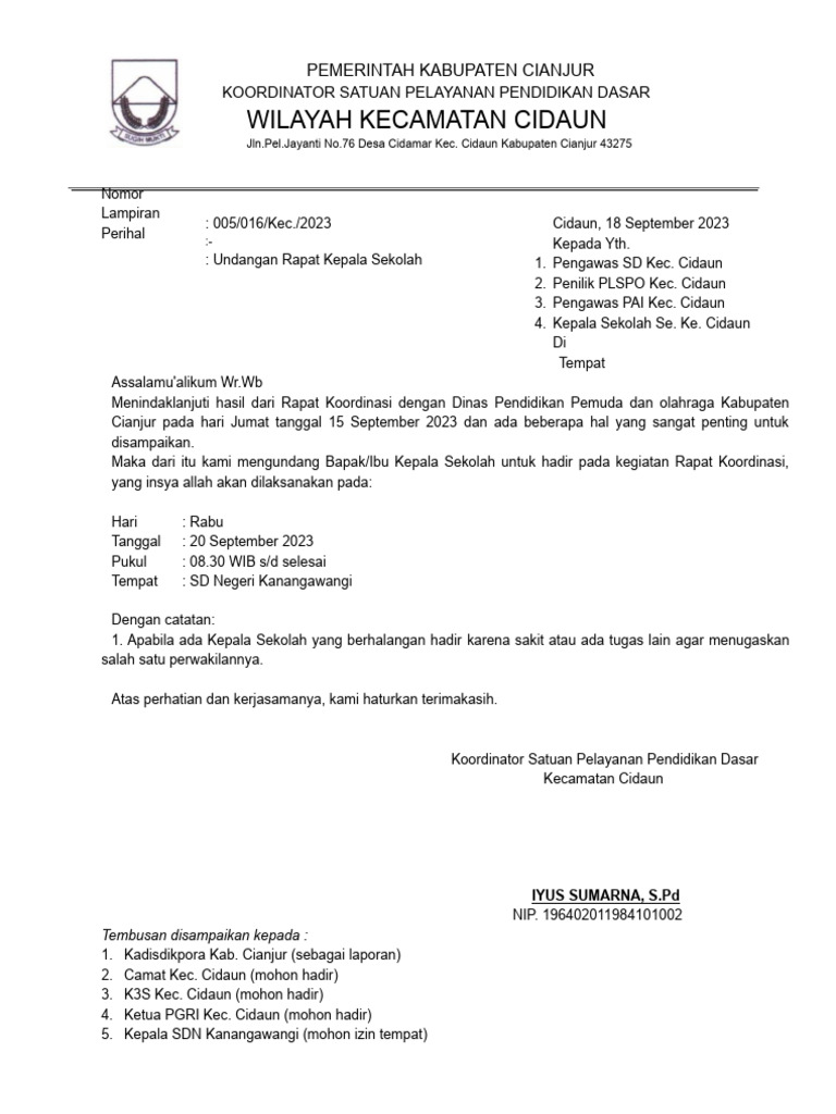 Surat Undangan Rapat Kepala Sekolah | PDF