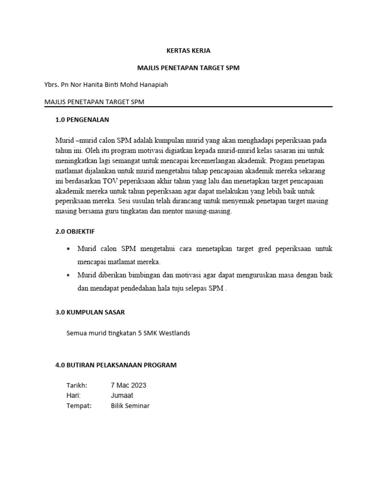 Program Penetapan Target SPM SMK Westlands | PDF | Karier ...