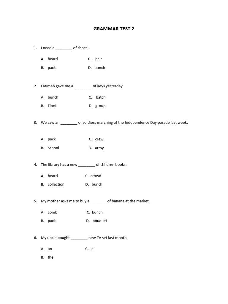 Grammar test primary level pdf