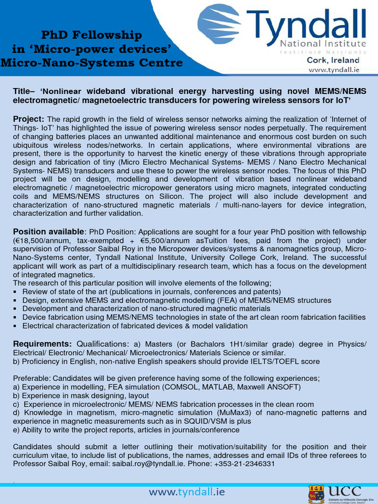 PHD Advert 2 PHD Fellwoship in 'Micropower Devices' at Tyndall