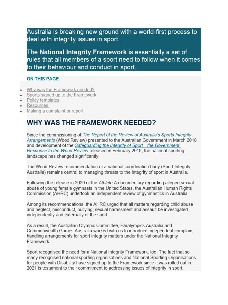 National Integrity Framework | PDF | Sports | Human Rights