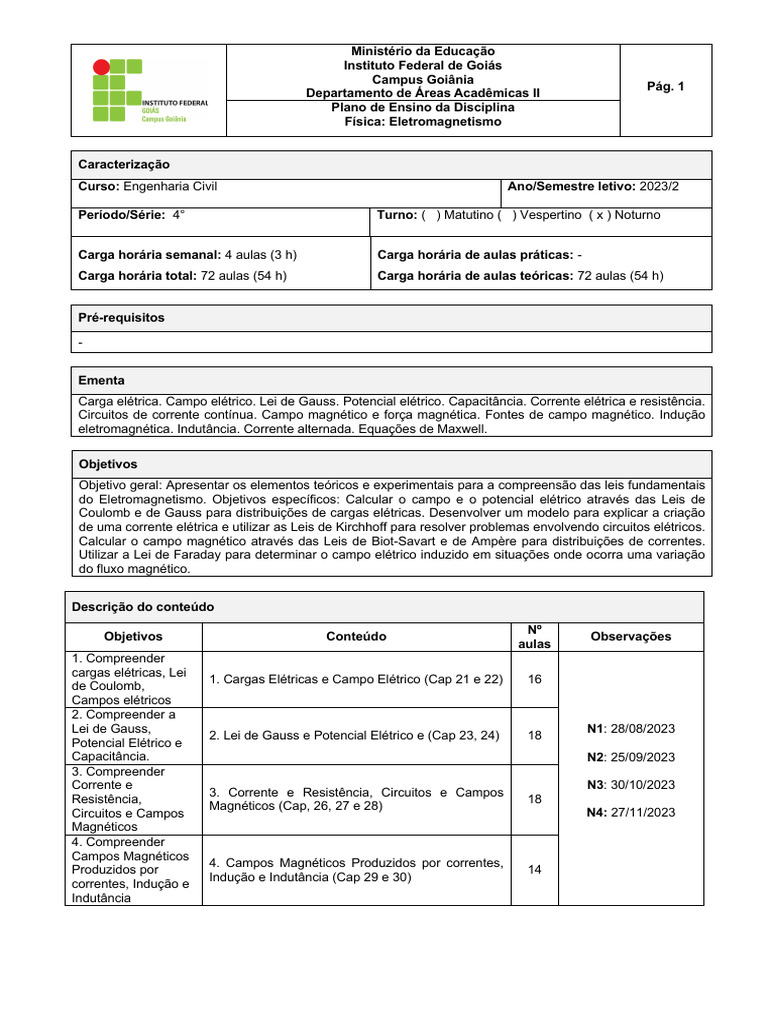 Plano de Ensino: Eletromagnetismo | PDF | Eletricidade | Eletromagnetismo