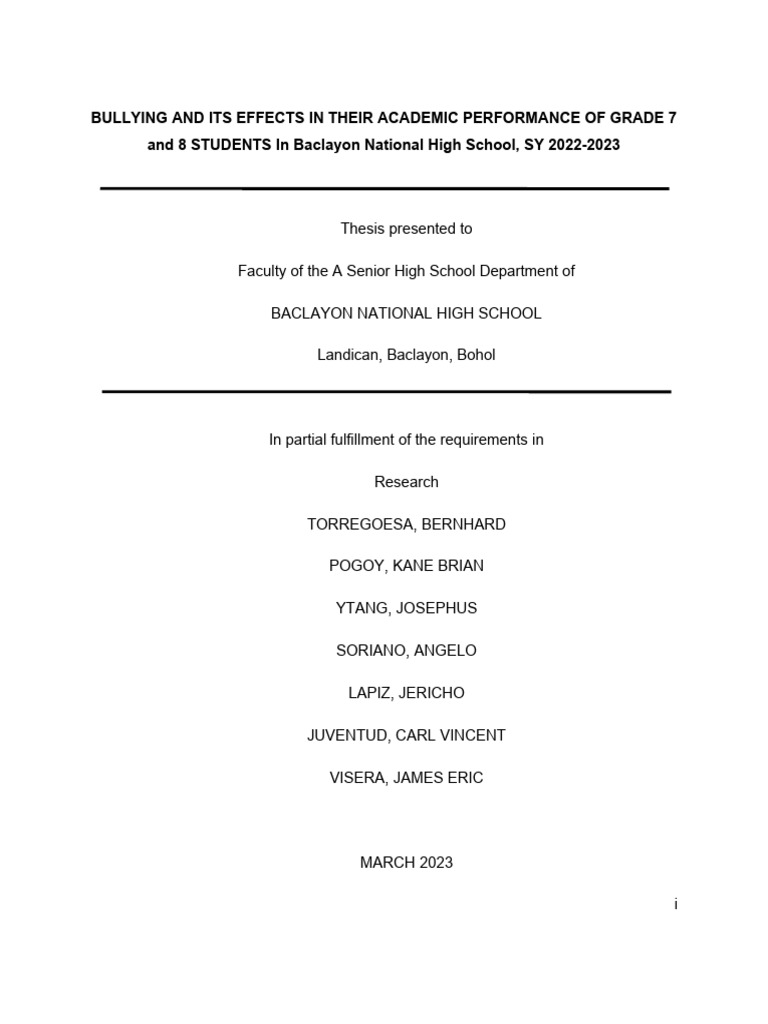BULLYING AND ITS EFFECTS IN THEIR ACADEMIC PERFORMANCE OF GRADE 7 and 8 ...