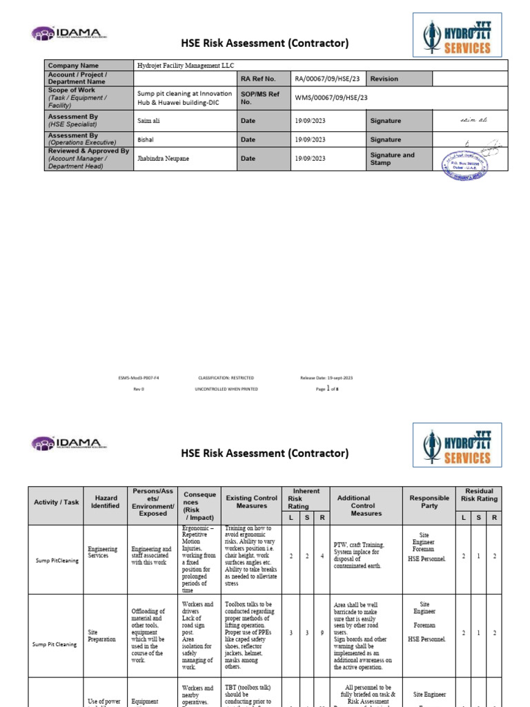 HSE Risk Assessment (Contractor) | PDF | Personal Protective Equipment