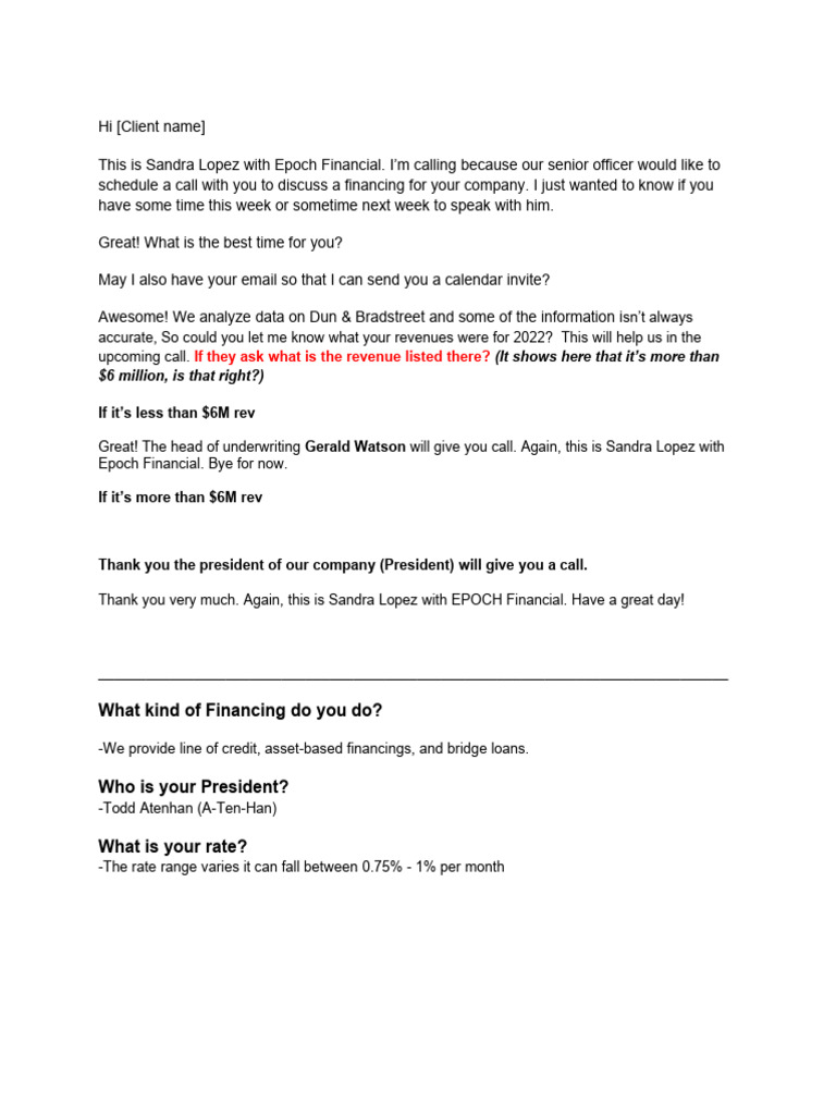 Financing Call Scheduling Guide | PDF | Career & Growth