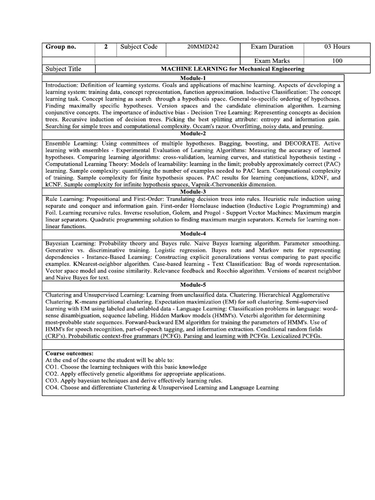 Machine Learning Syllabus | PDF