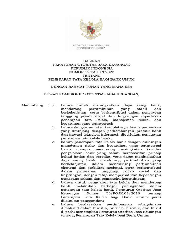 Pojk 17 Tahun 2023. Penerapan Tata Kelola Bagi Bank Umum | PDF