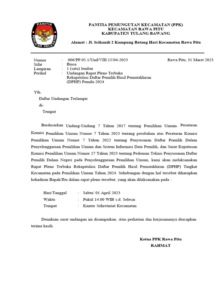 Undangan Rapat Pleno DPHP Pemilu 2024 | PDF