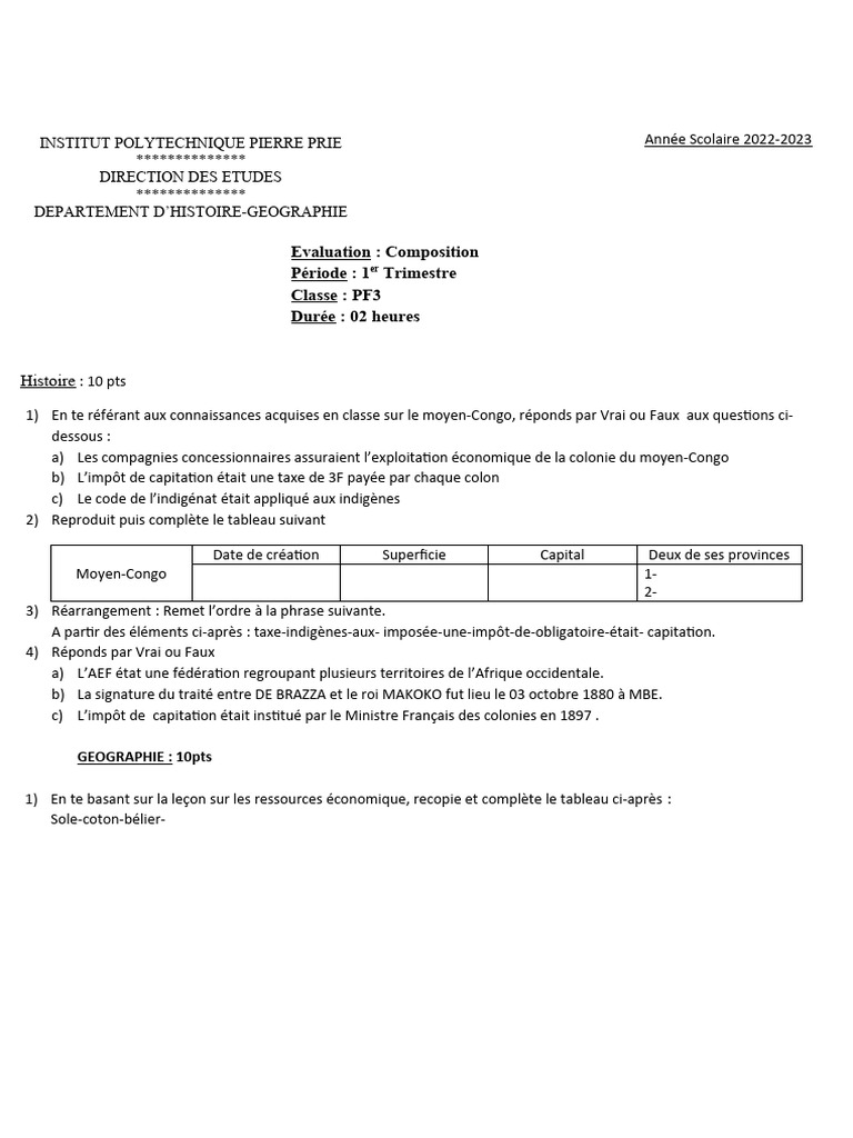 Évaluation Histoire-Géographie PF3 2022-2023 | PDF