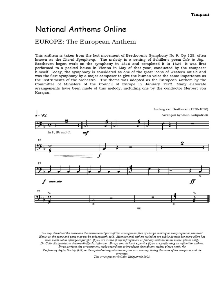 Europe Timpani PDF Symphony No. 9 (Beethoven) Anthem Of Europe