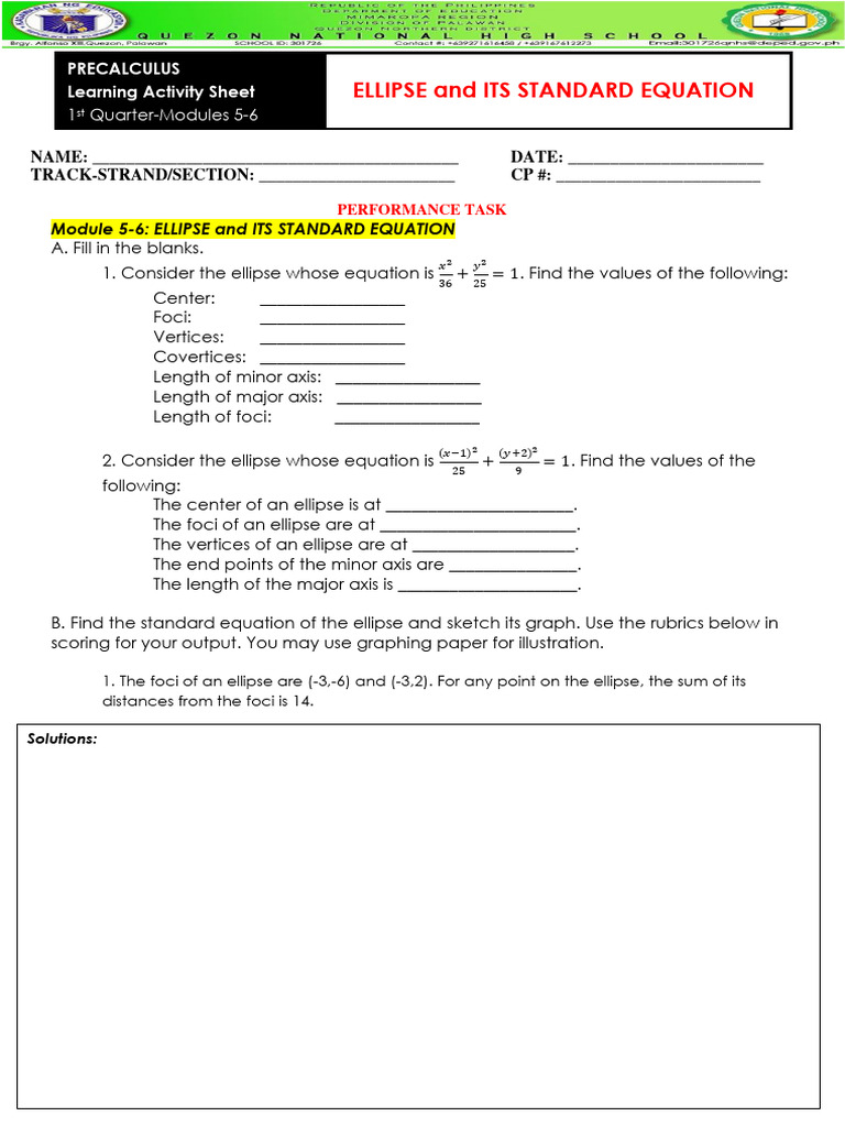 Ellipse Standard Equation Worksheet | PDF | Ellipse | Mathematical Concepts