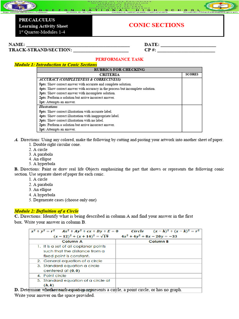 Conic Sections Performance Task Guide | PDF | Euclidean Geometry ...