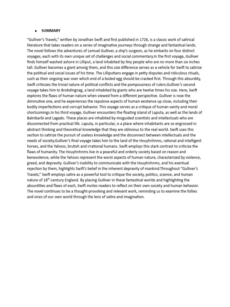 Summary of Gulliver Travels PDF