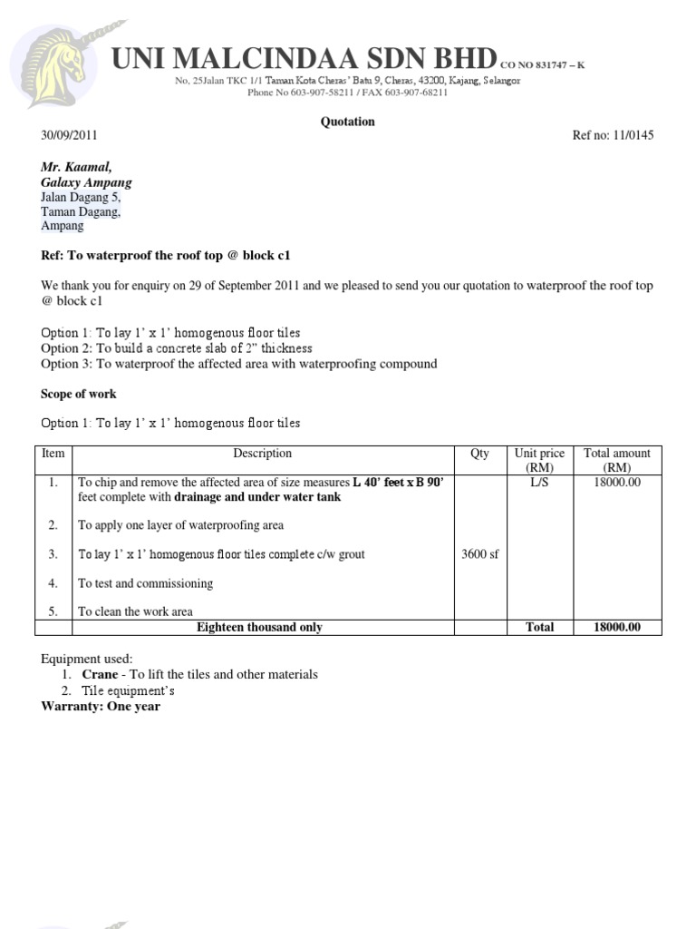 Waterproofing Quotation for Roof Repair | PDF | Home & Garden