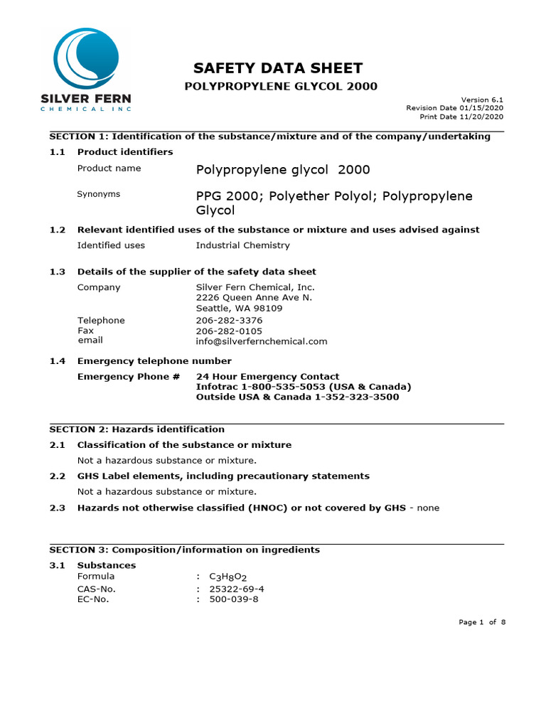 Propylene Glycol 2000 | PDF | Environmental Science | Occupational ...